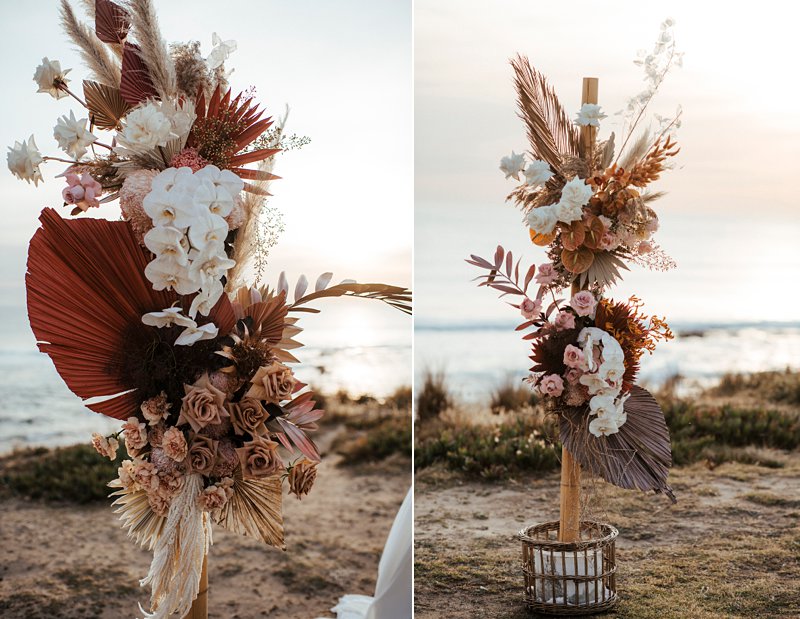 Rust and peach dried wedding flowers, Beachside styled wedding set up, sunpalms,