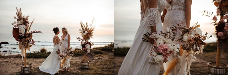 Rust and peach dried wedding flowers, Beachside styled wedding set up, sunpalms, same sex wedding,