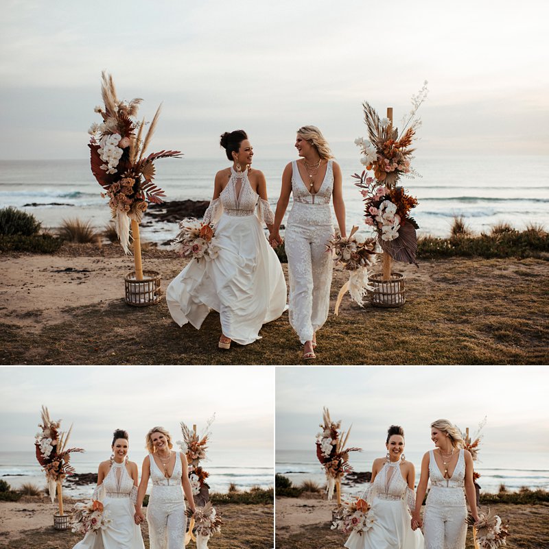 same sex clifftop ceremony, boho beach vibes, sunset beach ceremony