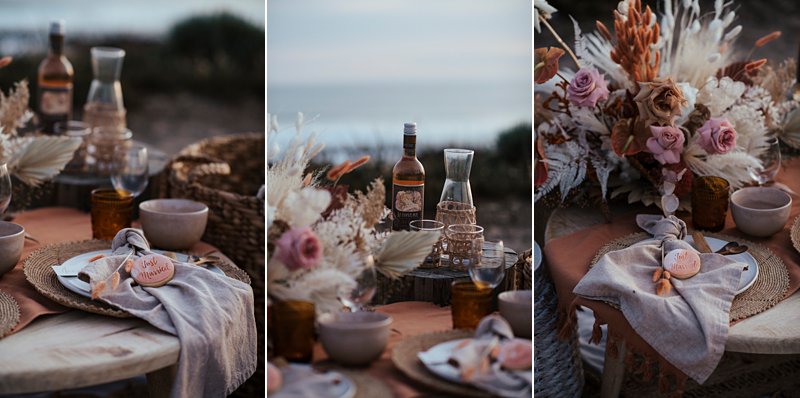 beachside clifftop wedding feast, wedding sunset picnic, sunset wedding, boho styled wedding feast