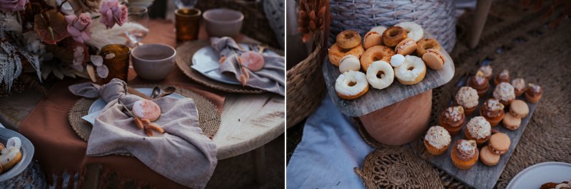 beachside clifftop wedding feast, wedding sunset picnic, sunset wedding, boho styled wedding feast, rust tones wedding