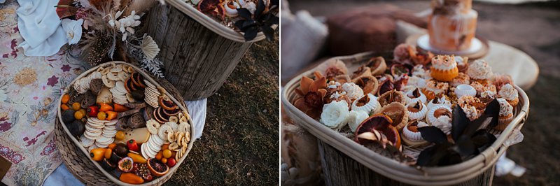 beachside clifftop wedding feast, wedding sunset picnic, sunset wedding, boho styled wedding feast, rust tones wedding