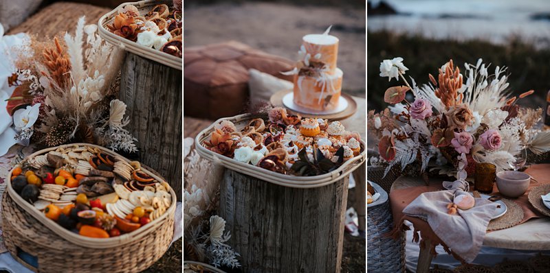 beachside clifftop wedding feast, wedding sunset picnic, sunset wedding, boho styled wedding feast, rust tones wedding cake