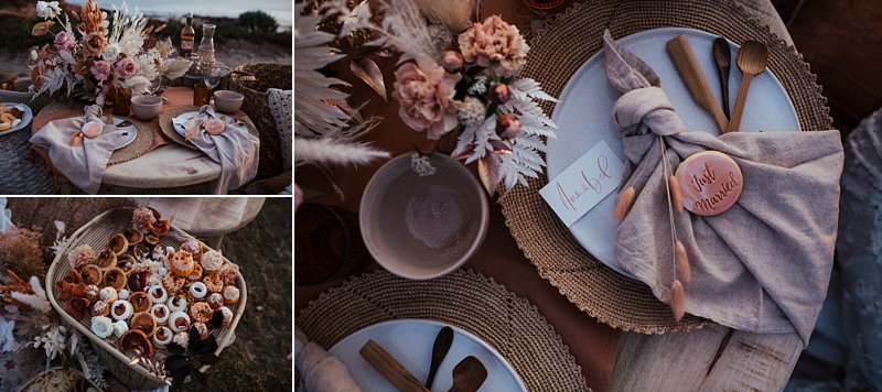 beachside clifftop wedding feast, wedding sunset picnic, sunset wedding, boho styled wedding feast, rust tones wedding