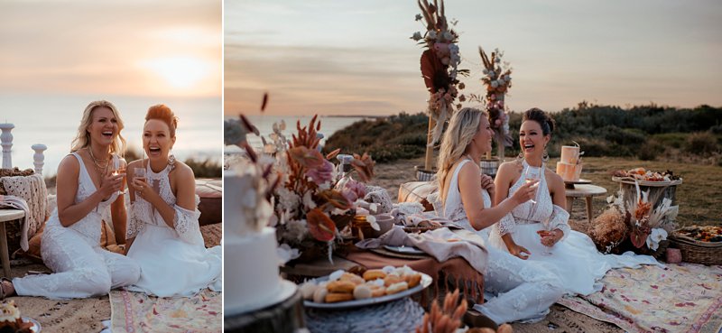 boho wedding feast set up, styled clifftop wedding feast, same sex wedding