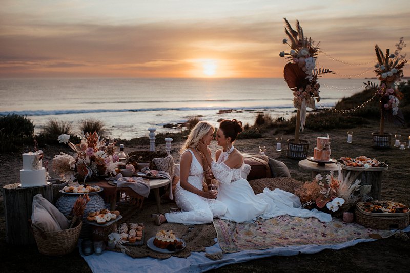 boho wedding feast set up, styled clifftop wedding feast, same sex wedding, Cape Kitchen wedding