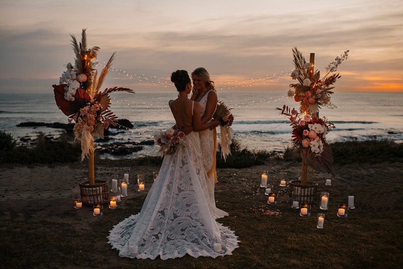 boho wedding ceremony set up, styled clifftop wedding ceremony, same sex wedding, Fairylight wedding, Cape Kitchen wedding