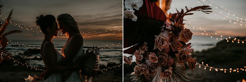 boho wedding ceremony set up, styled clifftop wedding ceremony, same sex wedding, Fairylight wedding, Cape Kitchen wedding