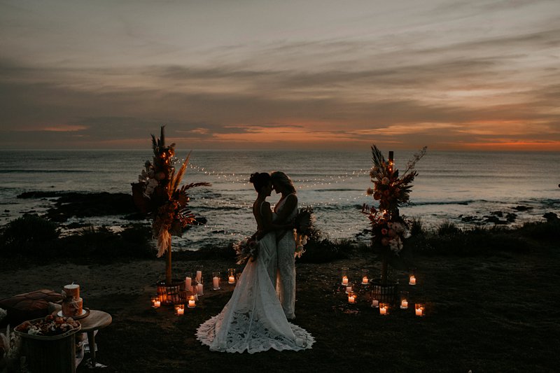 boho wedding ceremony set up, styled clifftop wedding ceremony, same sex wedding, Fairylight wedding, Cape Kitchen wedding