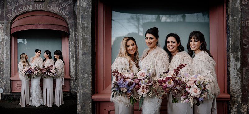 Melbourne Winter Wedding photos, bride & bridesmaids in front of rustic building