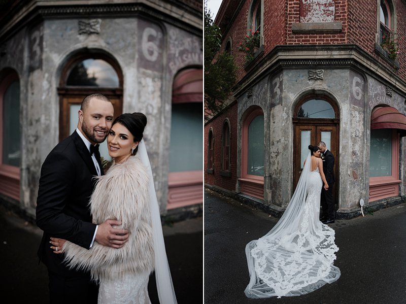 Melbourne Winter Wedding photos, South Melbourne rustic building, Bride and Groom in front of rustic building