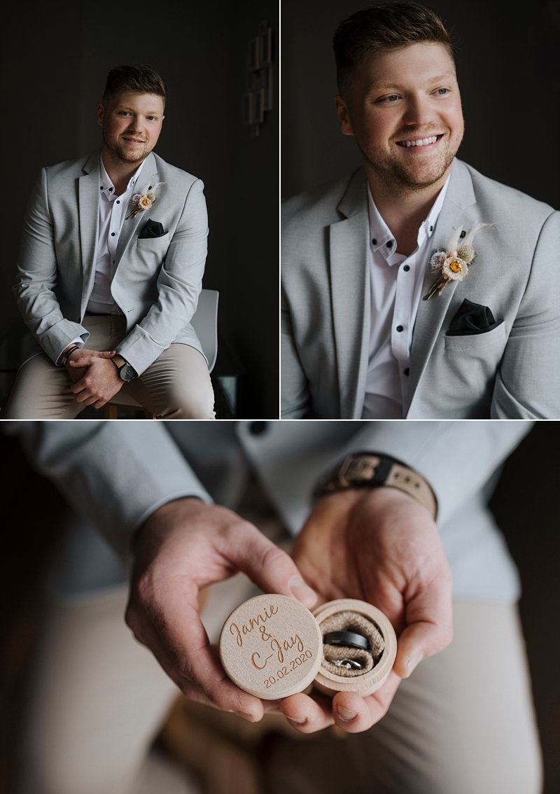 Groom portraits, rustic ring box