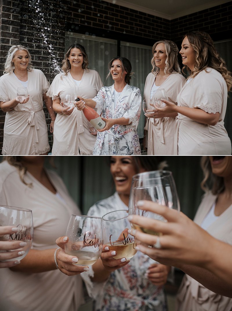 Champagne pop with bridesmaids, bridesmaids robes